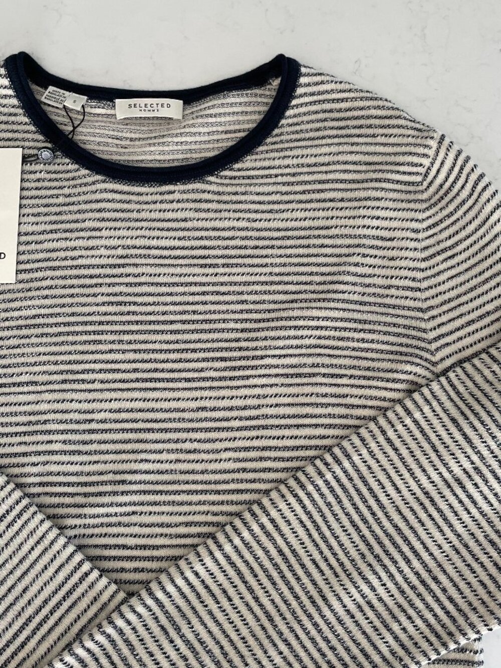 Selected Homme SLHDEAN Mix Crew Nk LS Striped Lightweight Sweater Navy Bone Wt S - Picture 3 of 12